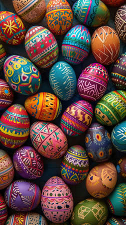 Colorful painted Easter eggs. Concept of Easter and spring traditions.の素材