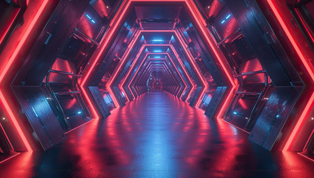 Red illuminated corridor in sci-fi style. The concept of a space station or ship.の素材