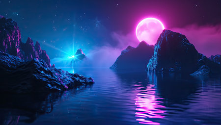 Night landscape with mountains reflecting in water against a cosmic nebula and a large planet. The concept of cosmic fantasy and mysticism.の素材