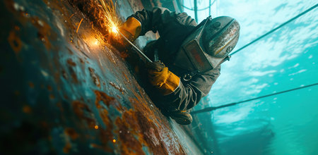 Underwater welding with sparks in seawater.の素材