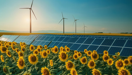 Solar panels and wind turbines among sunflowers. Concept of renewable energy.の素材