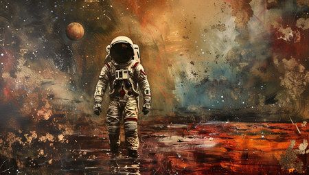 Astronaut on a planet with abstract art. The concept of exploration and fantasy.の素材