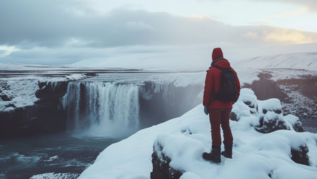 A person in a red jacket stands in front of a waterfall in a snowy landscape. The concept of solitude and the grandeur of nature.の素材