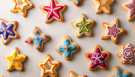 Festive star-shaped cookies with decorations. The concept of holiday baking.の素材