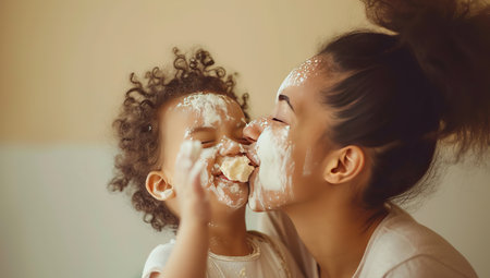 Mother and child joyfully playing with dough in the kitchen. The concept of family time.の素材