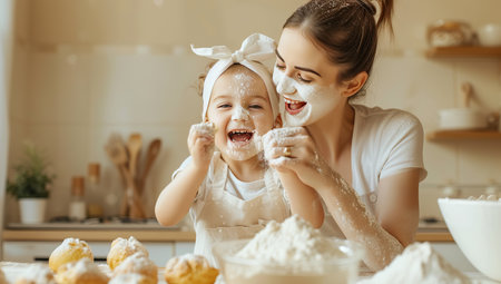 Young woman and child playfully interacting with flour in the kitchen. The concept of family time and home baking artistry.の素材