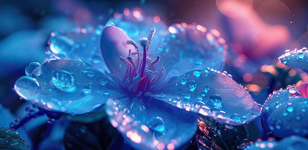Flower with dewdrops on petals in shades of blue. The concept of nature and freshness.の素材
