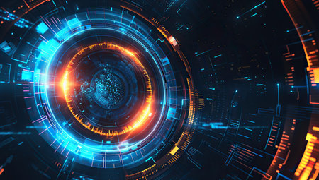 Centrifugal perspective of a blue-orange light tunnel. The concept of speed and data transmission.の素材