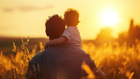 Adult male and child at sunset. The concept of family and parenthood.の素材
