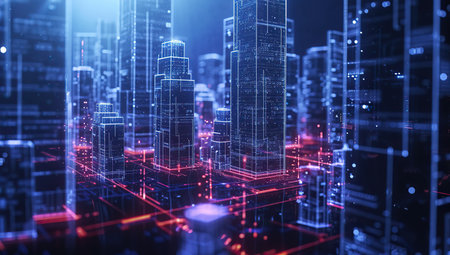 Graphic depiction of a digital city with red and blue light accents. The concept of virtual reality and digitalization.の素材