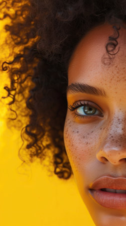 Young black woman with curly hair on a yellow background. The concept of beauty and youth.の素材