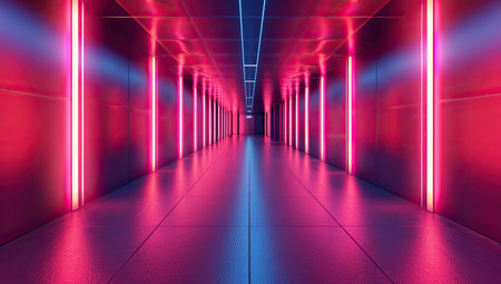 Corridor with neon lighting. Concept of modern design and technology.の素材