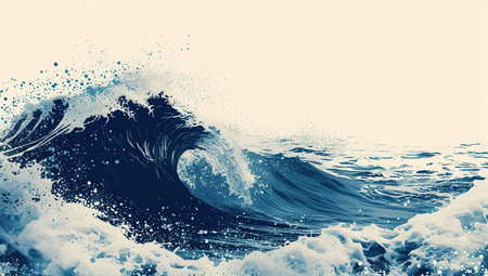 Wave crashing on the shore with splashes on a blue background. The concept of the ocean's power.の素材