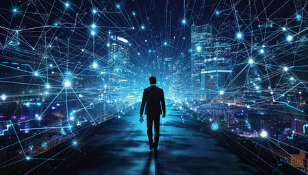 Silhouette of a person looking at the cityscape at night, light connections. Concept of network society and the future.の素材