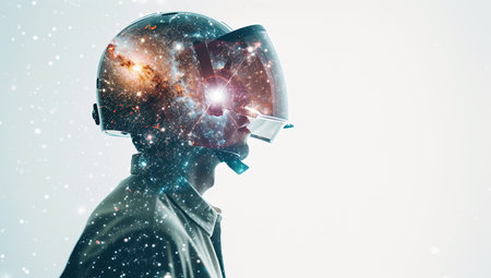 Human figure with a space helmet on the head. The concept of exploring space and infinity.の素材