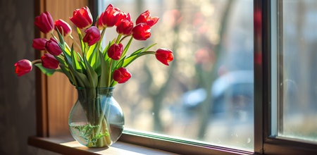Red tulips in a glass vase on a windowsill. The concept of spring and floral beauty.の素材