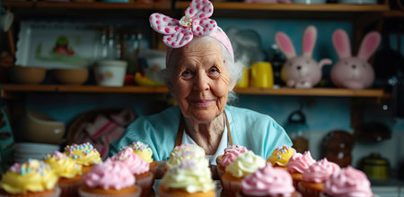Elderly woman with cupcakes and Easter decorations. The concept of festive spirit and homemade confectionery art.の素材