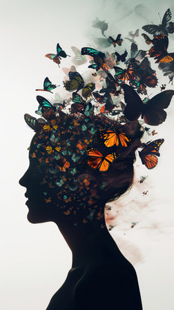 Silhouette of a woman with butterflies in her hair. The concept of creativity and nature.の素材