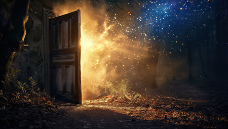 Open door to a starry cosmos in a dark forest. The concept of a portal to another dimension.の素材