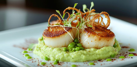 Scallops with green pea puree and caramelized onions. The concept of a refined dinner.の素材