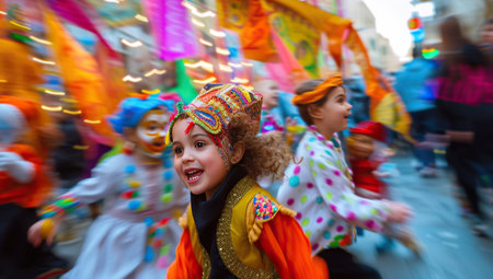 Child in costume at a carnival in motion. The concept of celebration and child's fun.の素材