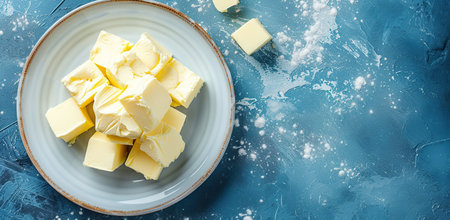 Pieces of butter on a plate. The concept of culinary ingredients.の素材