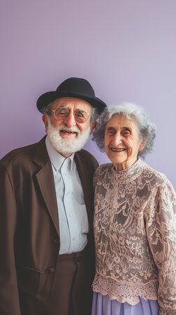 Elderly couple smiling and embracing against a pastel background. The concept of aging together.の素材
