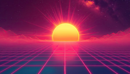 Graphic representation of a sunset with a grid and mountains in the background. The concept of retro-futurism and synthwave.の素材