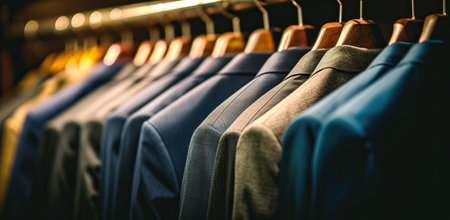 Row of men's jackets on hangers. The concept of men's fashion and wardrobe.の素材