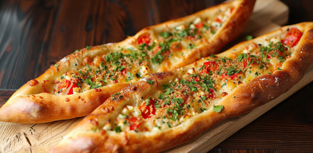 Boat-shaped pizza with cheese, tomatoes, and greens. The concept of Georgian cuisine.の素材