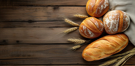 Various types of bread on a wooden background. The concept of baking.の素材