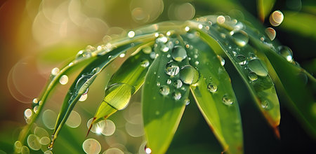 Dew on green leaves. The concept of freshness and morning nature.の素材