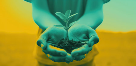 Hands holding a young sapling against a yellow background. The concept of sustainable development.の素材