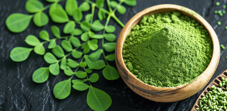 Moringa powder and leaves on a dark background. The concept of healthy eating.の素材