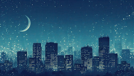 Night cityscape with a starry sky and a crescent moon. The concept of the urban sky.の素材