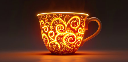 Glowing cup with patterns on a dark background. The concept of a warm drink and coziness.の素材