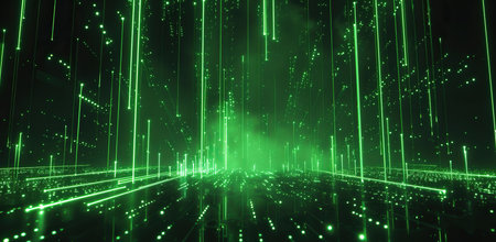 Green digital lines on a black background. The concept of digital data and virtual reality.の素材