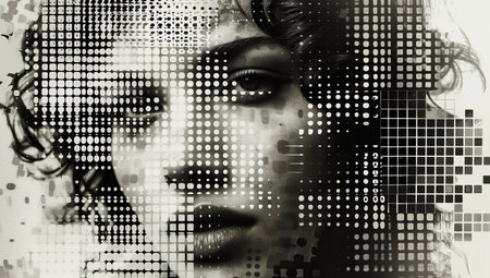 Black and white portrait of a woman with pixelation. The concept of digital art.の素材