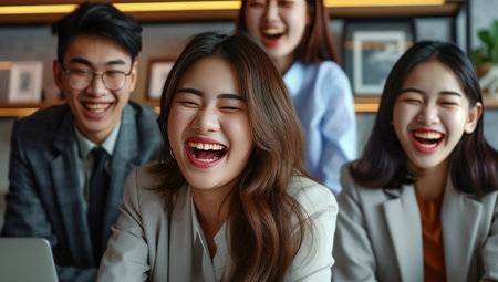 Group of laughing people in an office. The concept of teamwork and a positive work environment.の素材