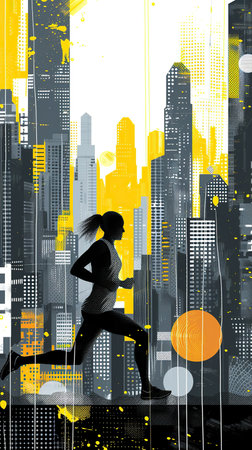 Running woman against a cityscape background with yellow accents. The concept of urban running and health.の素材