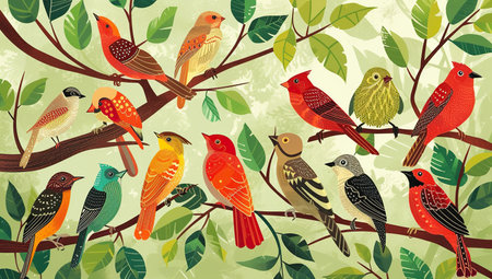 Colorful birds on tree branches amidst green foliage. The concept of natural diversity.の素材