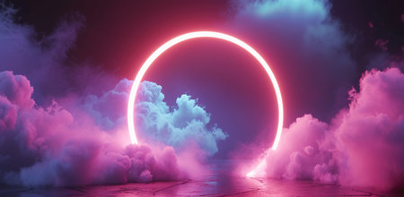 Glowing circle amidst clouds against a dusk sky. The concept of a cosmic gateway or a new dimension.の素材