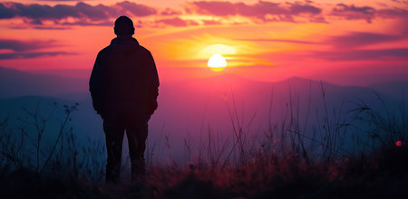Man against the backdrop of a sunset. The concept of serenity and contemplation.の素材