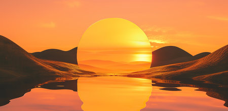 Sunset sun reflecting on water between hills. The concept of tranquility and the grandeur of nature.の素材