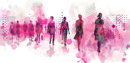 Abstract silhouettes of women against pink splashes. The concept of fashion and urban life.の素材