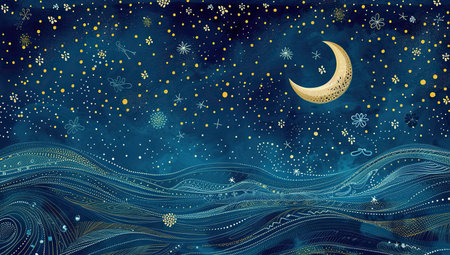 Mystical starry sky with the moon and wave patterns on a dark blue background. The concept of cosmic art.の素材
