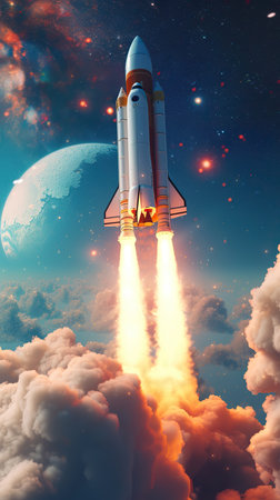 A spaceship launching into space, flying through the clouds. The concept of space exploration.の素材
