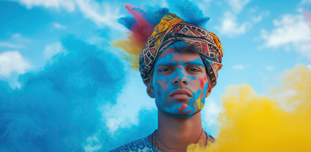 Young man with paint on face. Holi festival concept.の素材