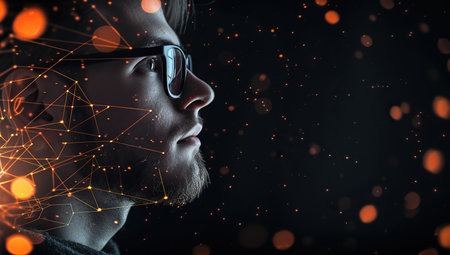 Face of a young man with digital connections visualization in the background. The concept of network interaction and cyberspace.の素材
