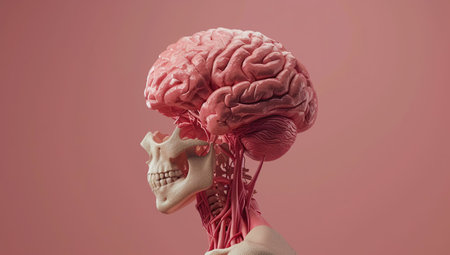 Brain with nervous system and skull on a solid pink background.の素材